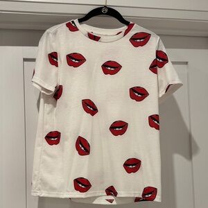 White Shirt with Red Lips Print